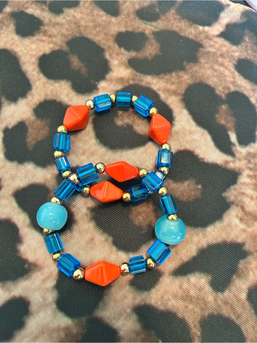 Hand Crafted Blue and Orange Beaded Stretch Bracelet Set